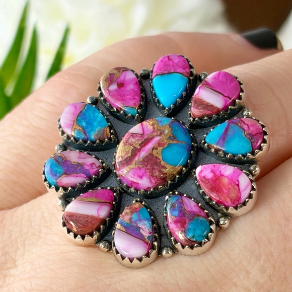 Southwest Jewelry - Pure Sterling Silver 925 Pink Dahlia Turquoise Cluster Ring 7 1/4 Navajo Style